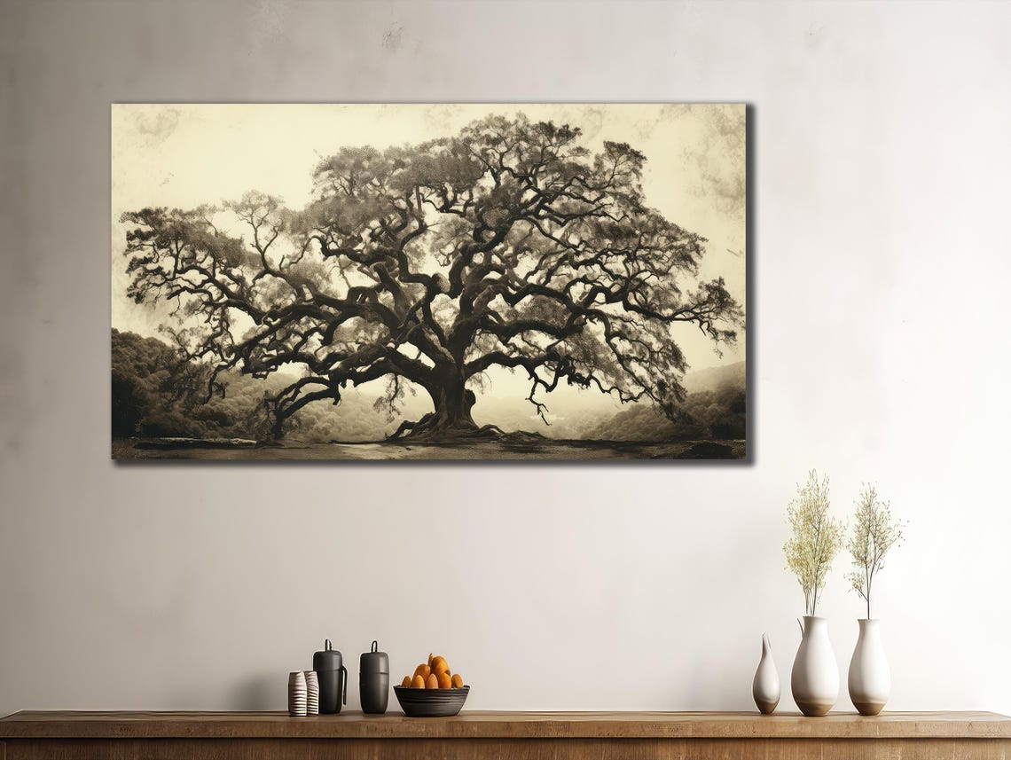 Vintage Old Oak Tree Sepia Toned Classic Landscape Nature Art Poster - Image 3
