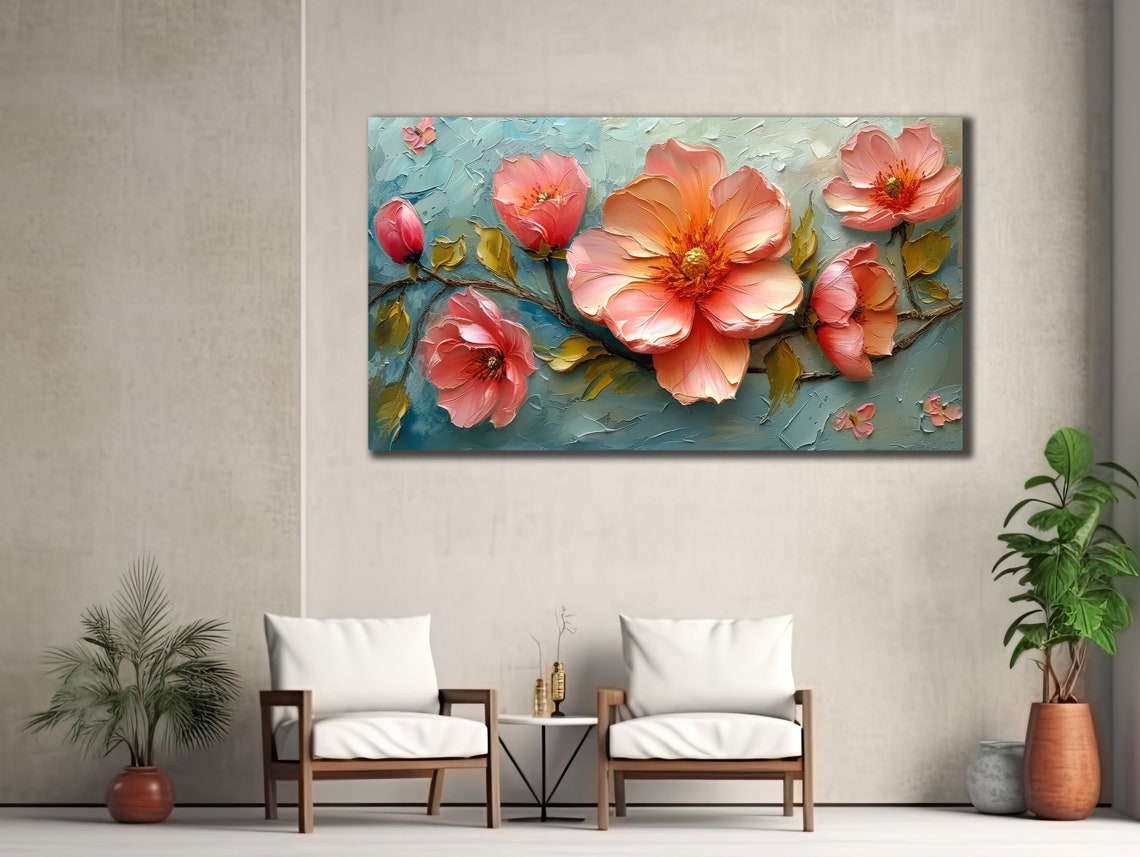 Pink Peony Blossoms On Branch Pale Blue Impasto Floral Poster - Image 2
