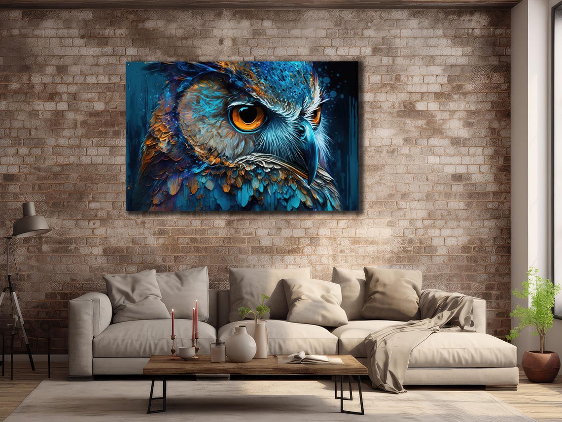 Blue Owl Close-Up Portrait Cobalt Feathers Piercing Eyes Art Poster - Image 2
