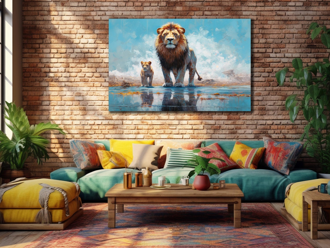 Lion and Lioness Water Reflection Blue Savannah Wall Art Print