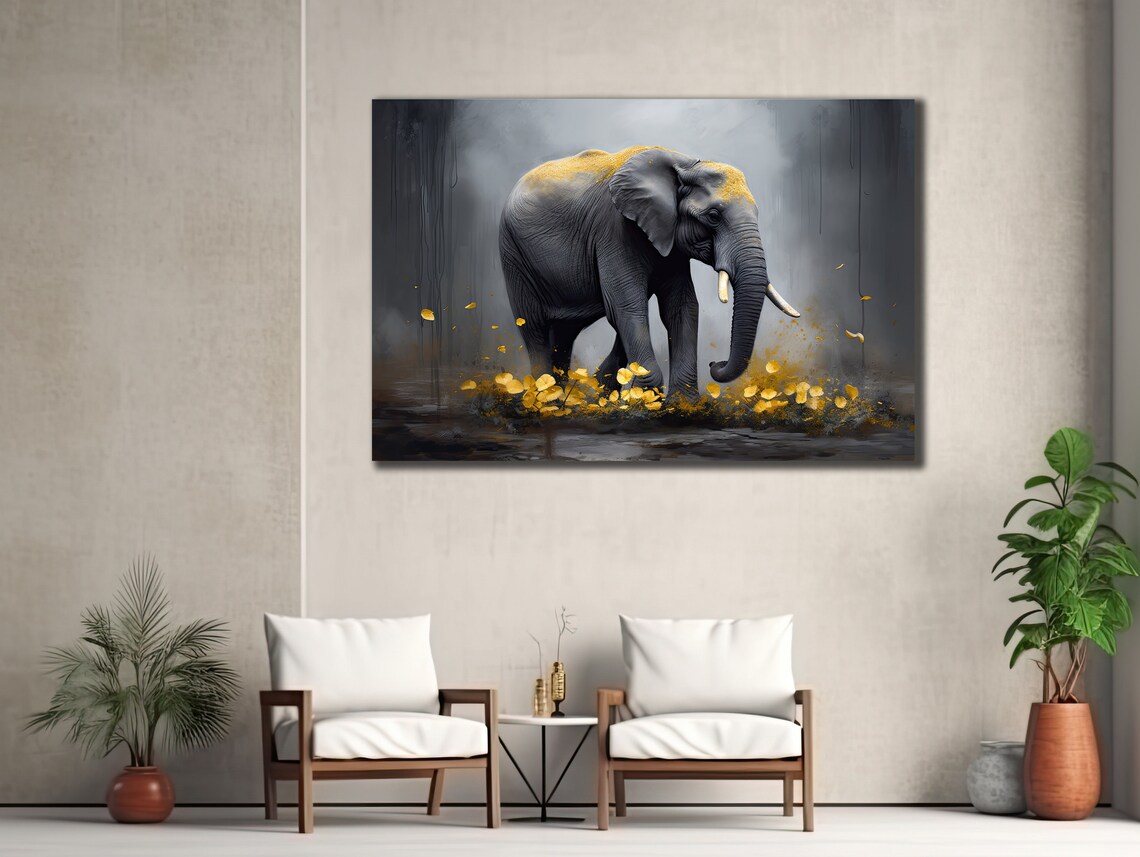 Elephant in Rain Gold Splatter Grey Wildlife Painting Modern Wall Art Poster