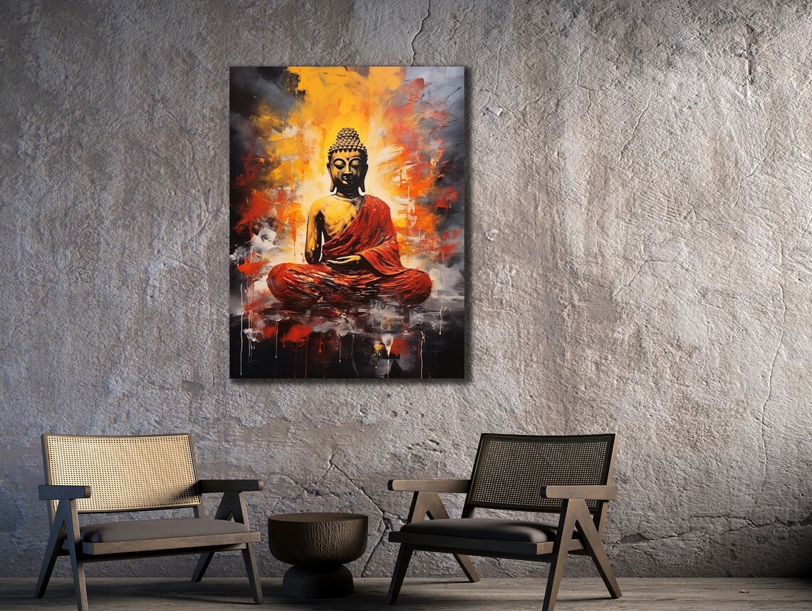 Meditating Buddha Red Robe Fiery Abstract Zen Spiritual Wall Poster - Image 2