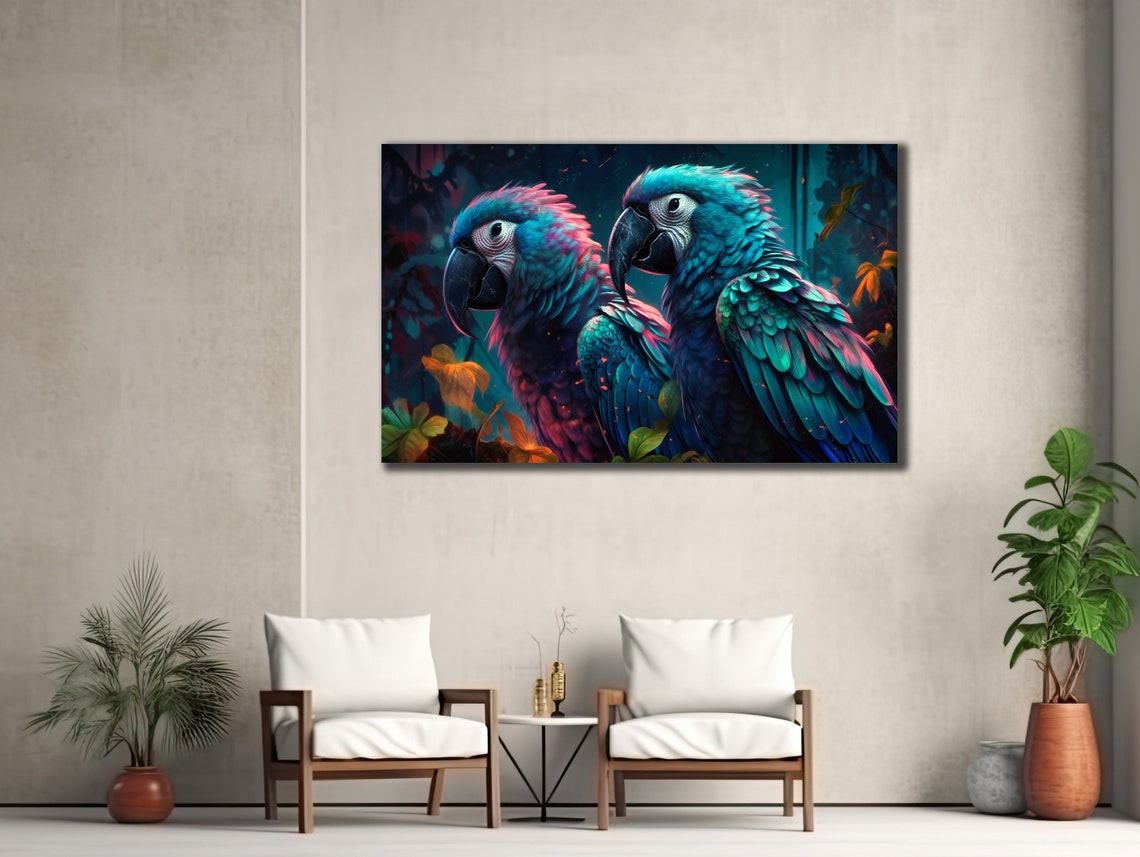 Blue Macaw Parrots Pair Dark Jungle Neon Tropical Bird Art Poster - Image 3