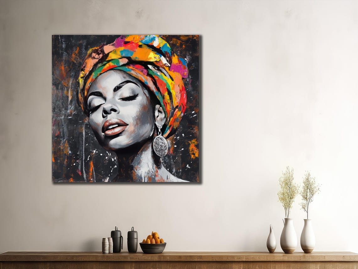 African Woman Scarf Print Ethnic Painting Wall Decor House Gift Idea Bedroom Wall Decor Black Girl Wall Art African Woman Poster