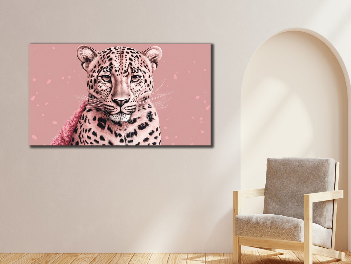 Pink Leopard Portrait Big Cat Soft Pink Floral Background Art Poster - Image 3