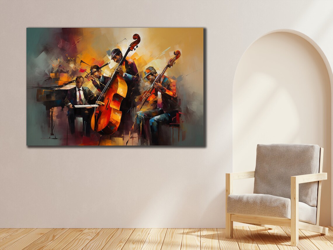 Jazz Band Musicians Colorful Oil Painting Saxophone Double Bass Poster - Image 2