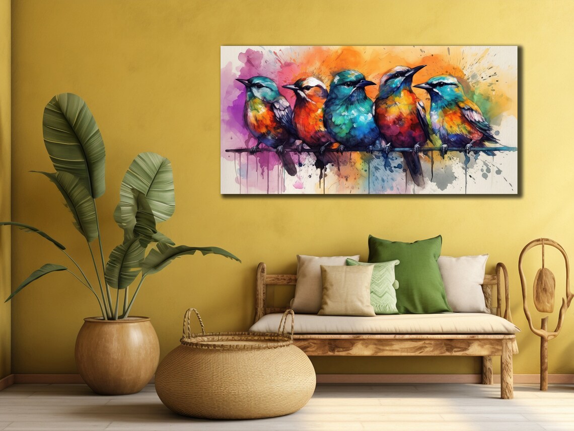 Five Colorful Songbirds on Wire Watercolor Splash Bird Art Print