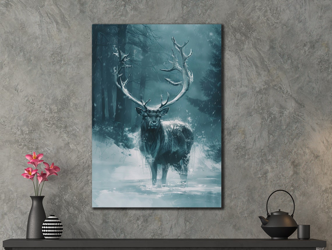 Majestic Stag Misty Blue Forest Winter Wildlife Wall Art Print - Image 2