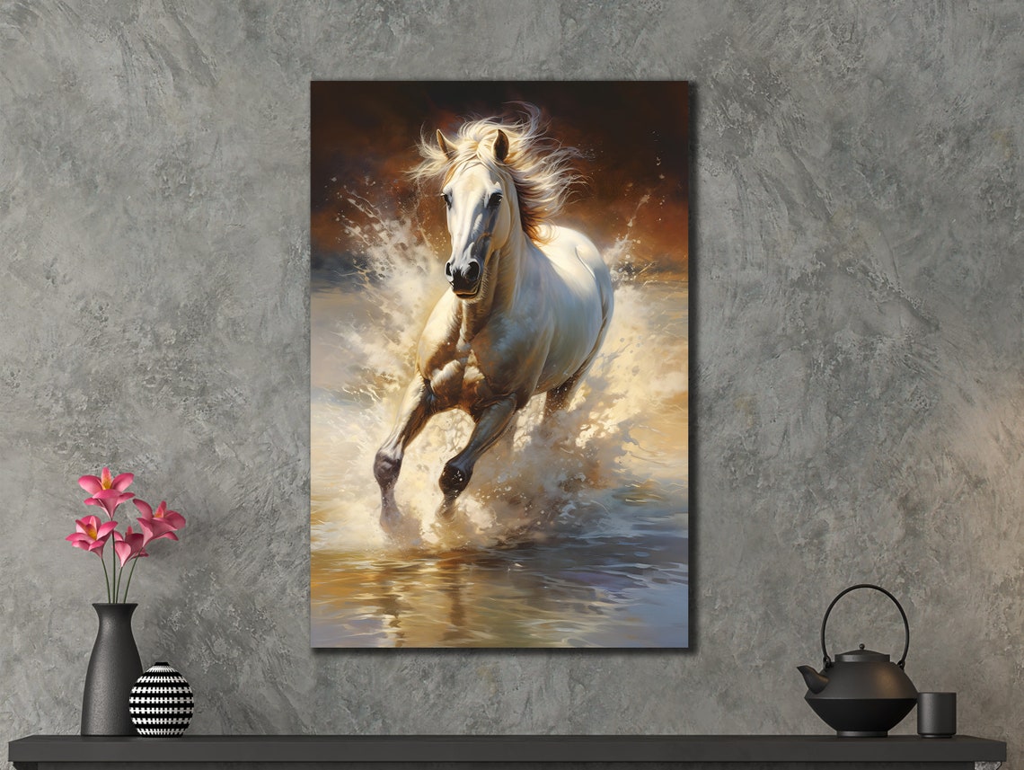 White Horse Galloping Through Water Golden Splashes Elegant Poster - Image 2