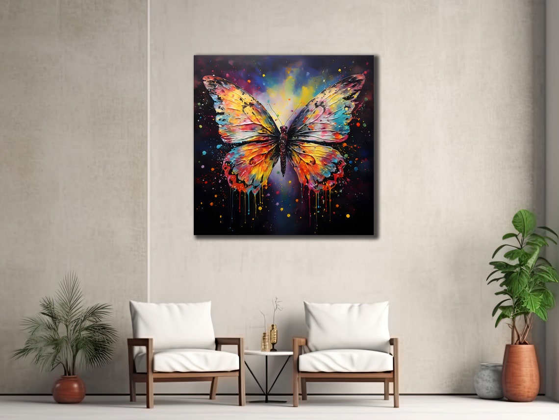 Rainbow Butterfly on Black Splatter Paint Vivid Animal Wall Art