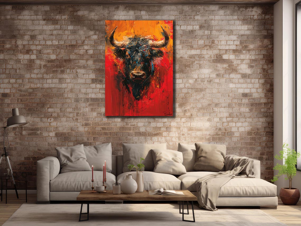 Black Bull Head Abstract Red Painting Fiery Expressionist Bull Poster - Image 2