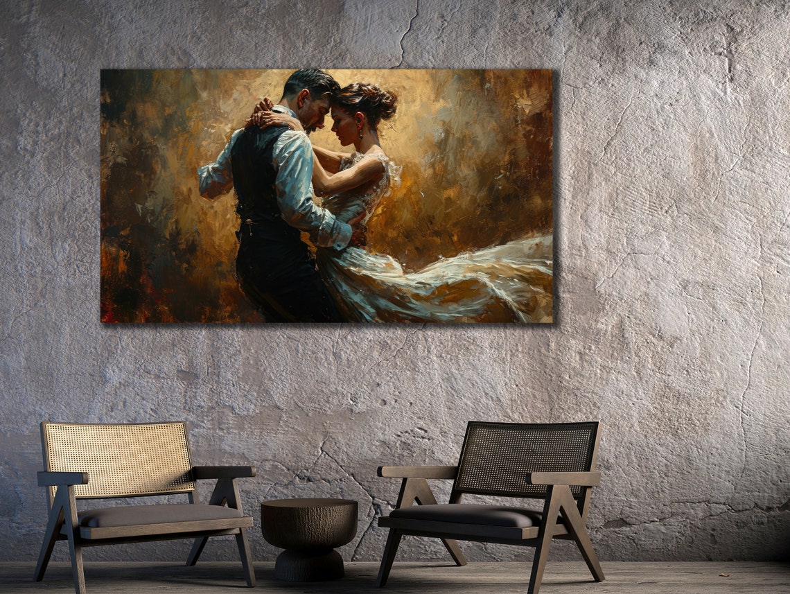 Romantic Couple Tango Dancing Embrace Golden Painting Wall Poster