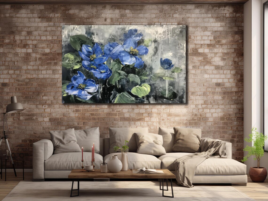 Striking Blue Flower Oil Painting Moody Botanical Floral Poster - Image 2
