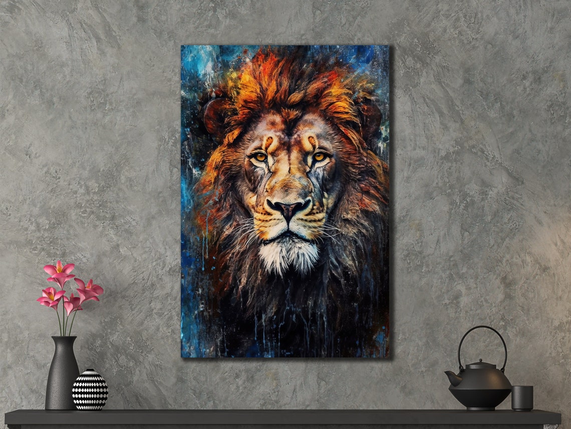 Majestic Lion Face Front Colorful Painted Wildlife Portrait Poster - Image 3