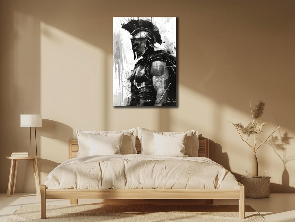 Spartan Warrior Helmet Black White Grunge Knight Battle Art Poster - Image 2