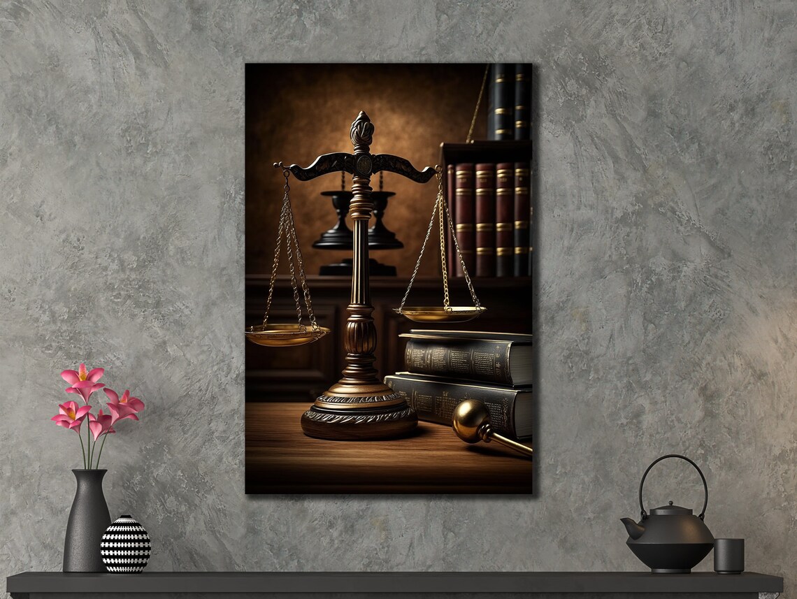 Scales Of Justice Bronze Statue With Law Books Office Wall Art