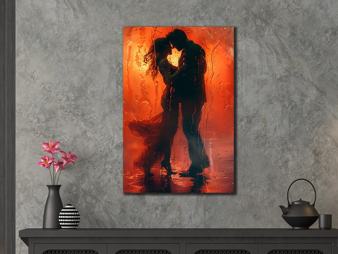 Romantic Couple Silhouette In Red Rain Embracing Love Painting Poster - Image 3