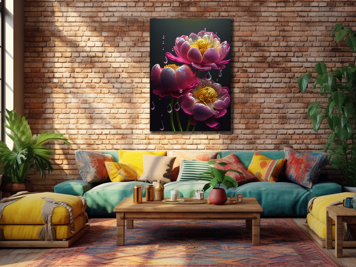 Pink Purple Peonies Water Drops Dark Background Floral Wall Poster