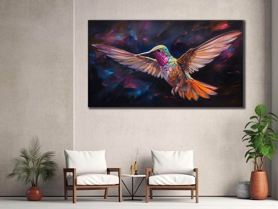 Colorful Hummingbird In Flight Dark Background Wildlife Art Poster - Image 3