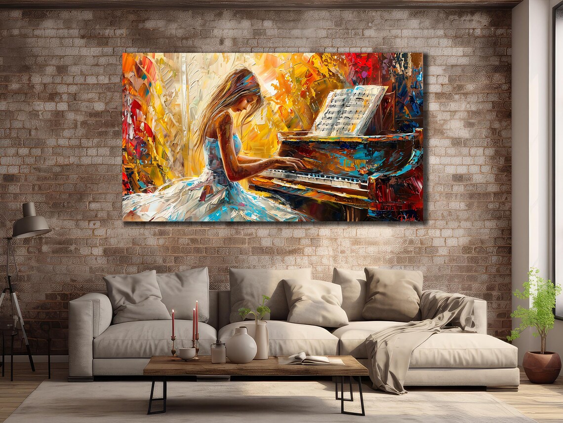 Woman Playing Grand Piano Colorful Impasto Oil Music Room Wall Art Print Poster - Image 3