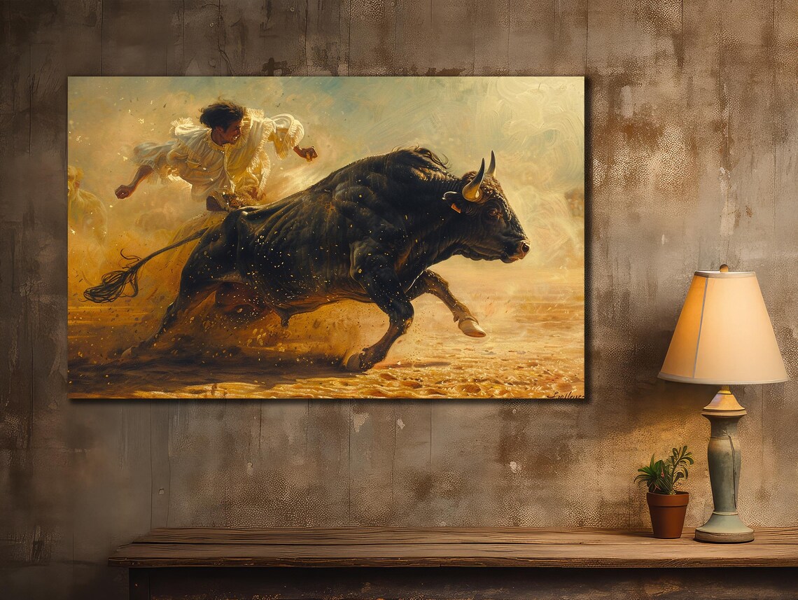 Bullfight Matador with Charging Black Bull Dusty Arena Art Poster - Image 2