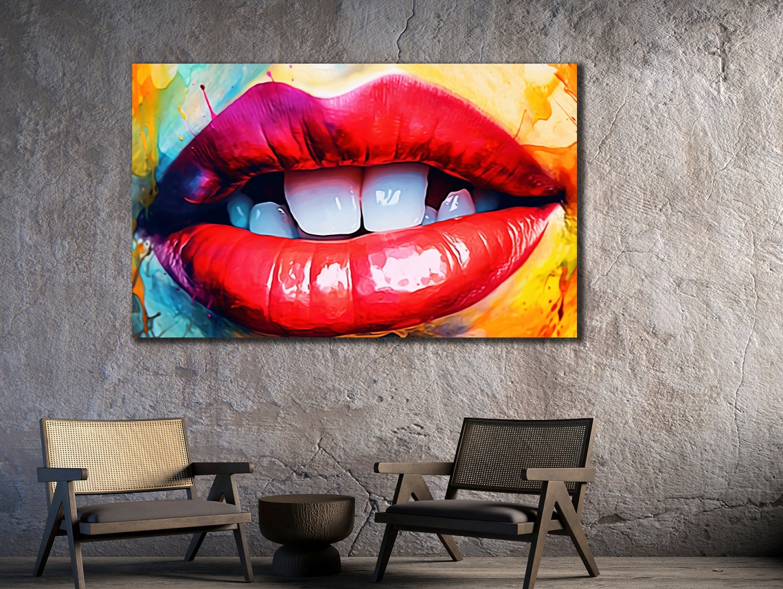 Glossy Red Lips Watercolor Pop Art Bold Modern Bedroom Poster - Image 2