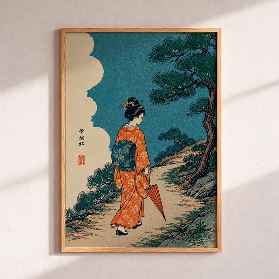 Japanese Geisha Wall Art Ukiyoe Woodblock Print Kimono Woman Poster Vintage Pine Tree Landscape Zen Japandi Home Decor Gift