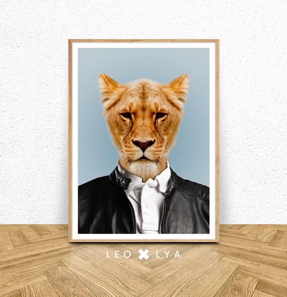 Lioness In Leather Jacket Fierce Fashion Animal Portrait Funny Wall Art