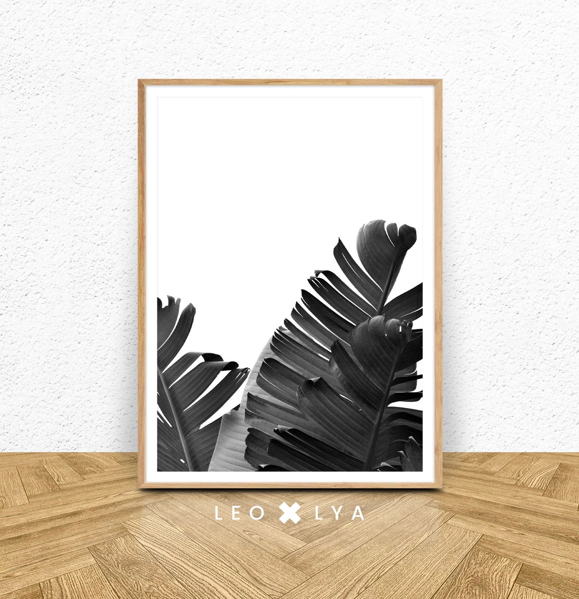 Black and White Banana Leaves Low Angle Tropical Botanical Poster