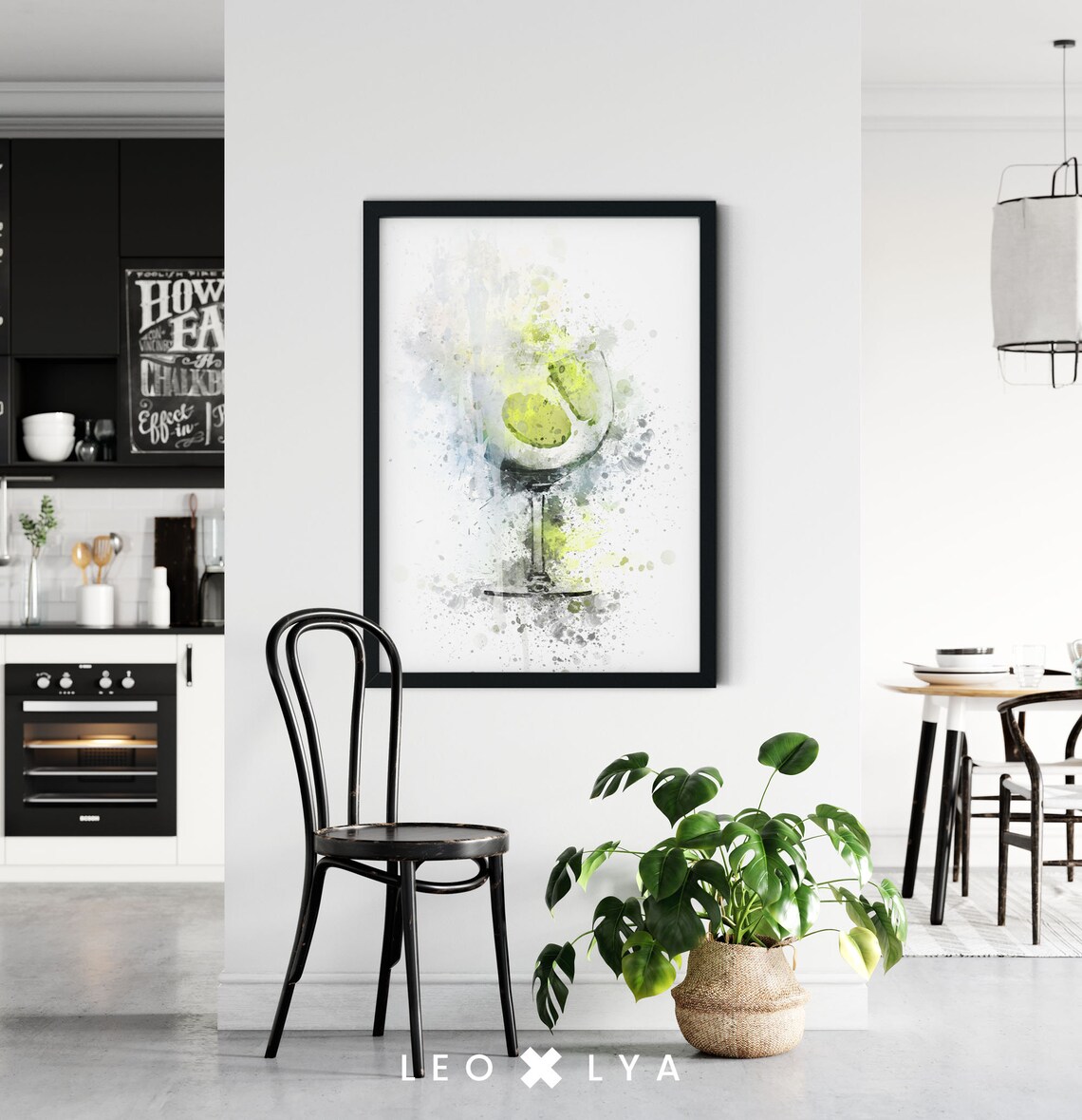 Gin and Tonic Cocktail Watercolor Splatter Poster for Modern Kitchens