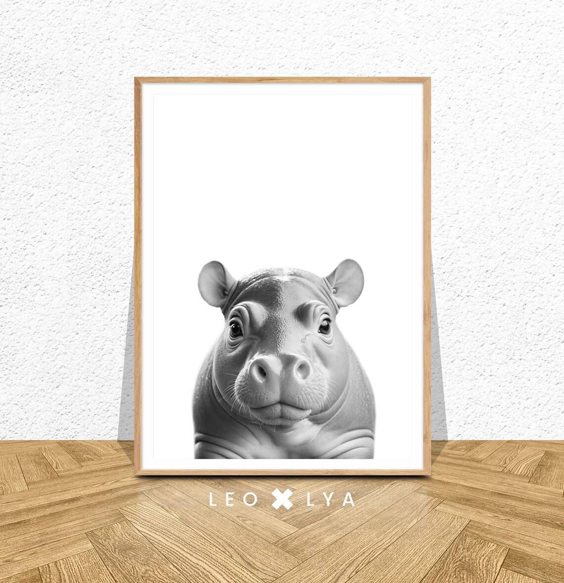 Baby Hippopotamus Black and White Cute Nursery Animal Art Poster