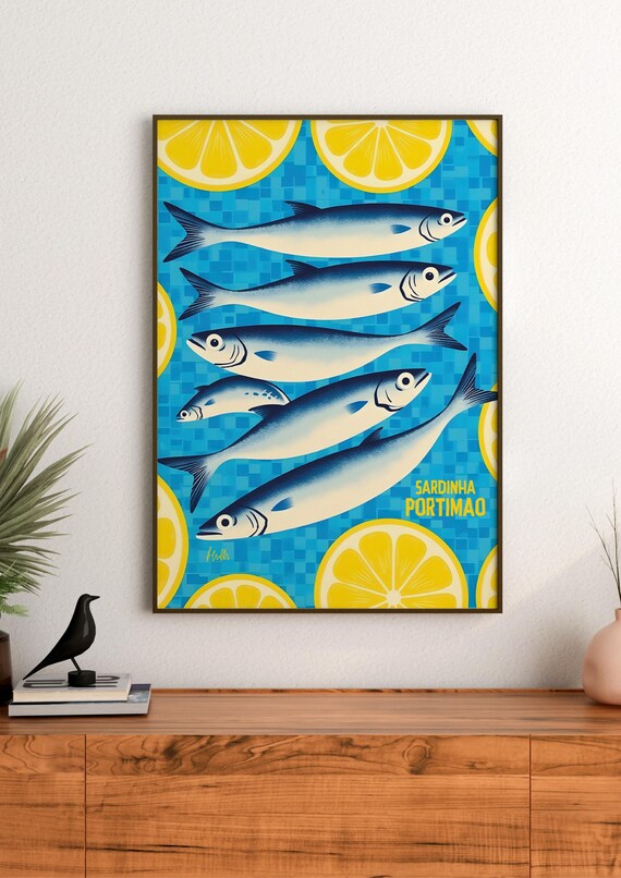 Retro Sardines Blue Coffee Mosaic Style Poster Fish And Lemon Slices File Default A3 Size