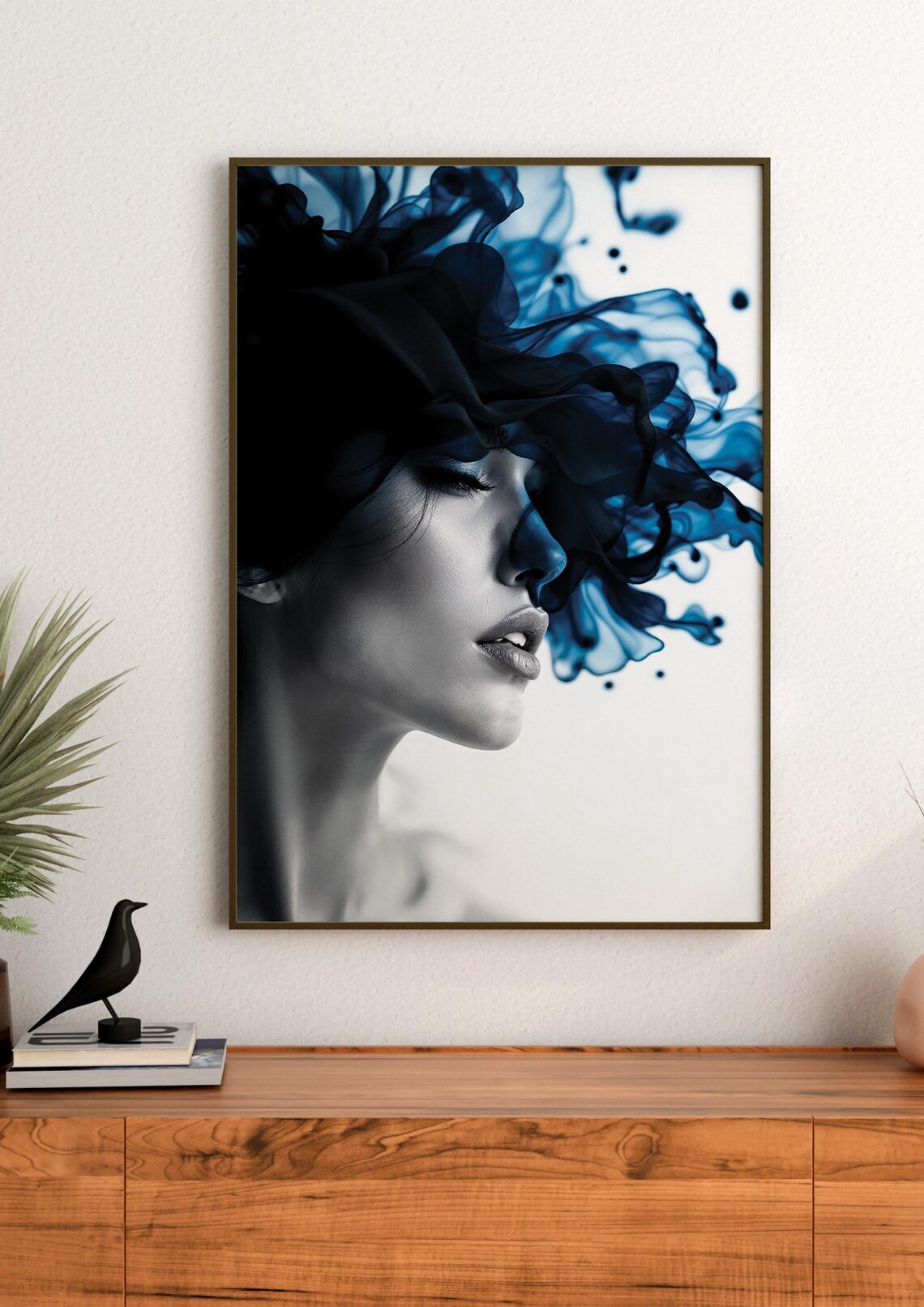 Woman In Black Ink With Blue Smoke Abstract Artistic Portrait Poster - Image 2
