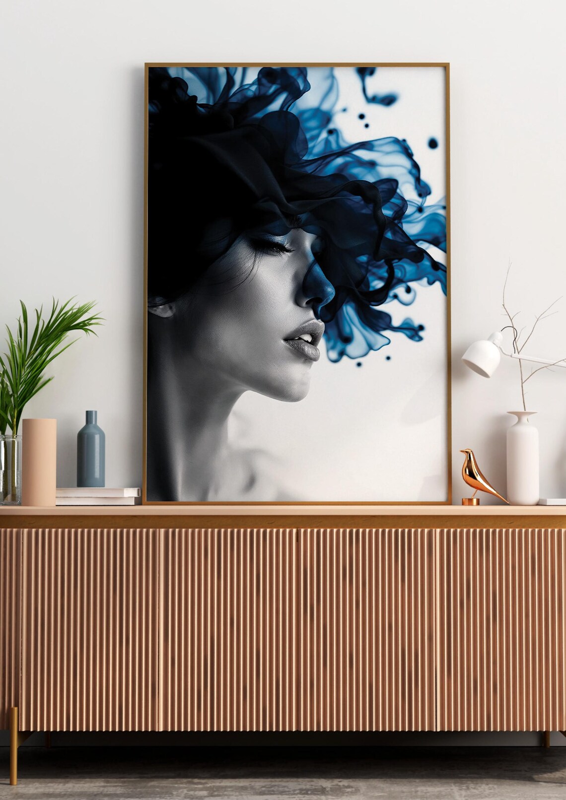Woman In Black Ink With Blue Smoke Abstract Artistic Portrait Poster