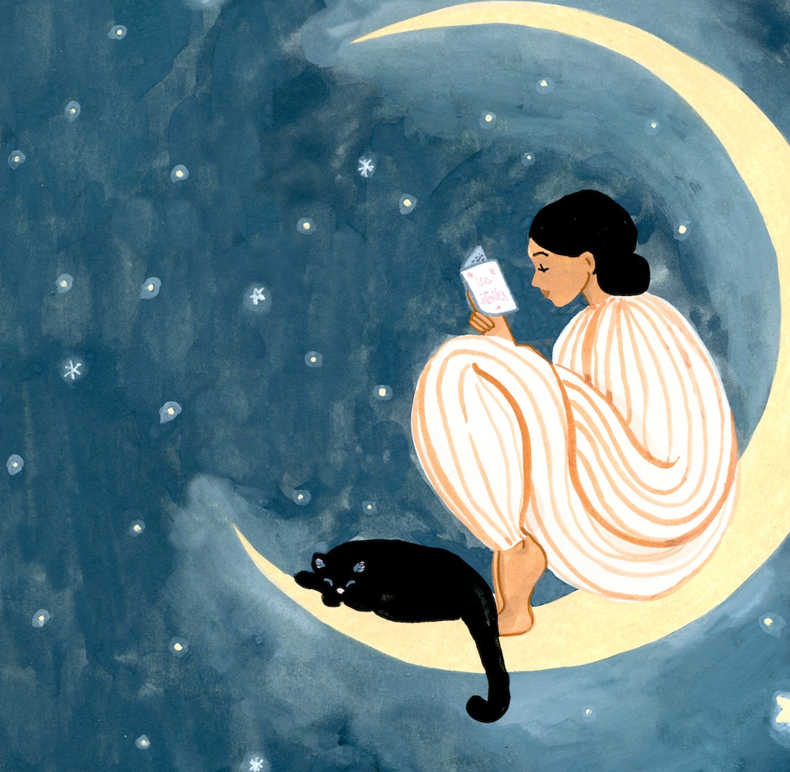 Moon Poster Print, Black Cat and Woman Reading - Image 3