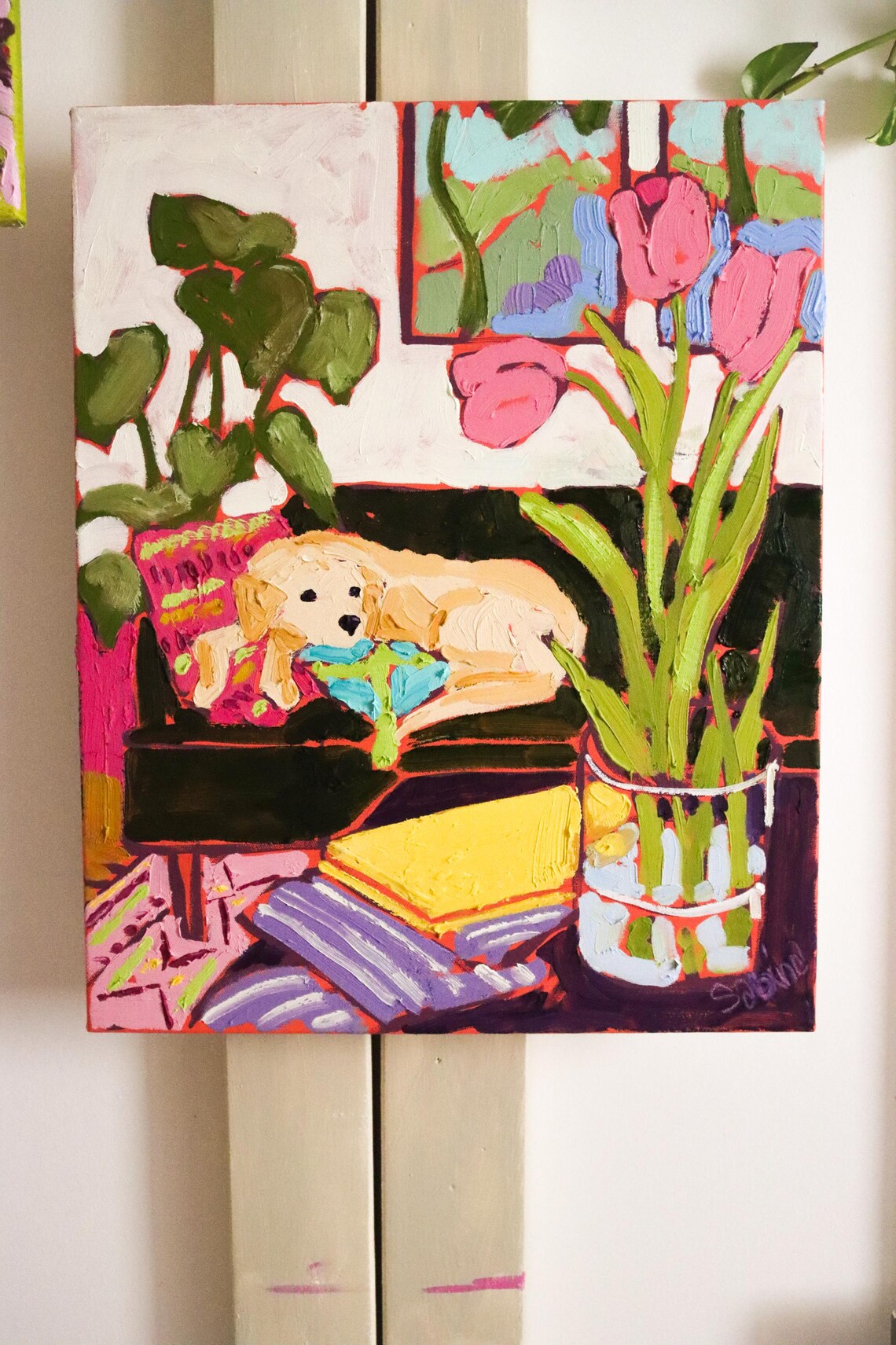Hibernation Sleeping Golden Puppy Tulips Cozy Oil Painting Art Print - Image 4