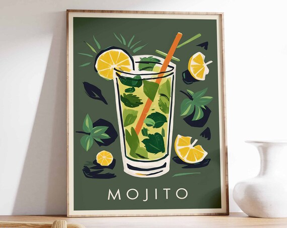 Mojito Mint Lime Tall Glass Orange Straw Retro Cocktail Bar Poster
