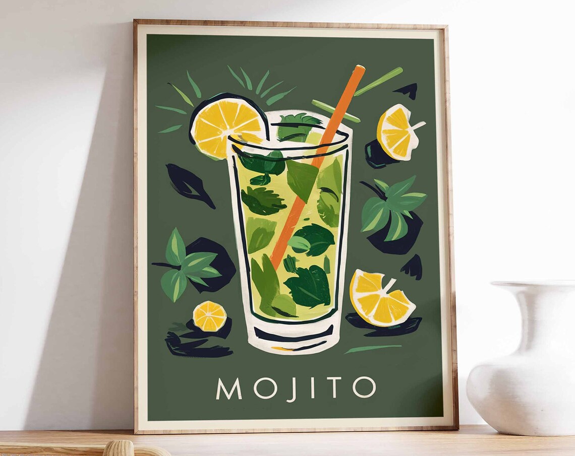 Mojito Mint Lime Tall Glass Orange Straw Retro Cocktail Bar Poster