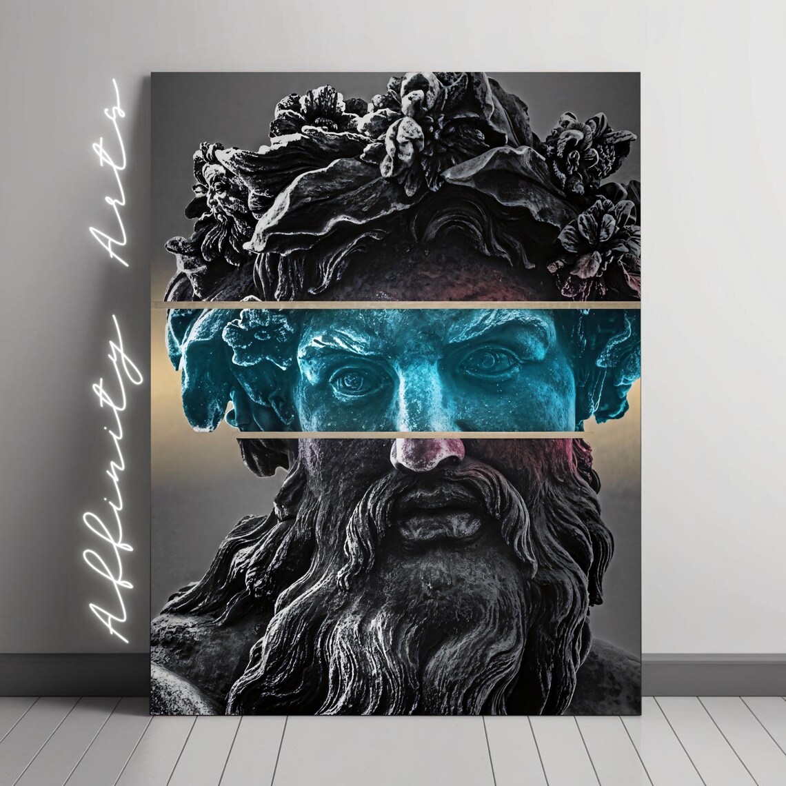 Ancient God Surreal Split Face Statue, Mythology Art Print