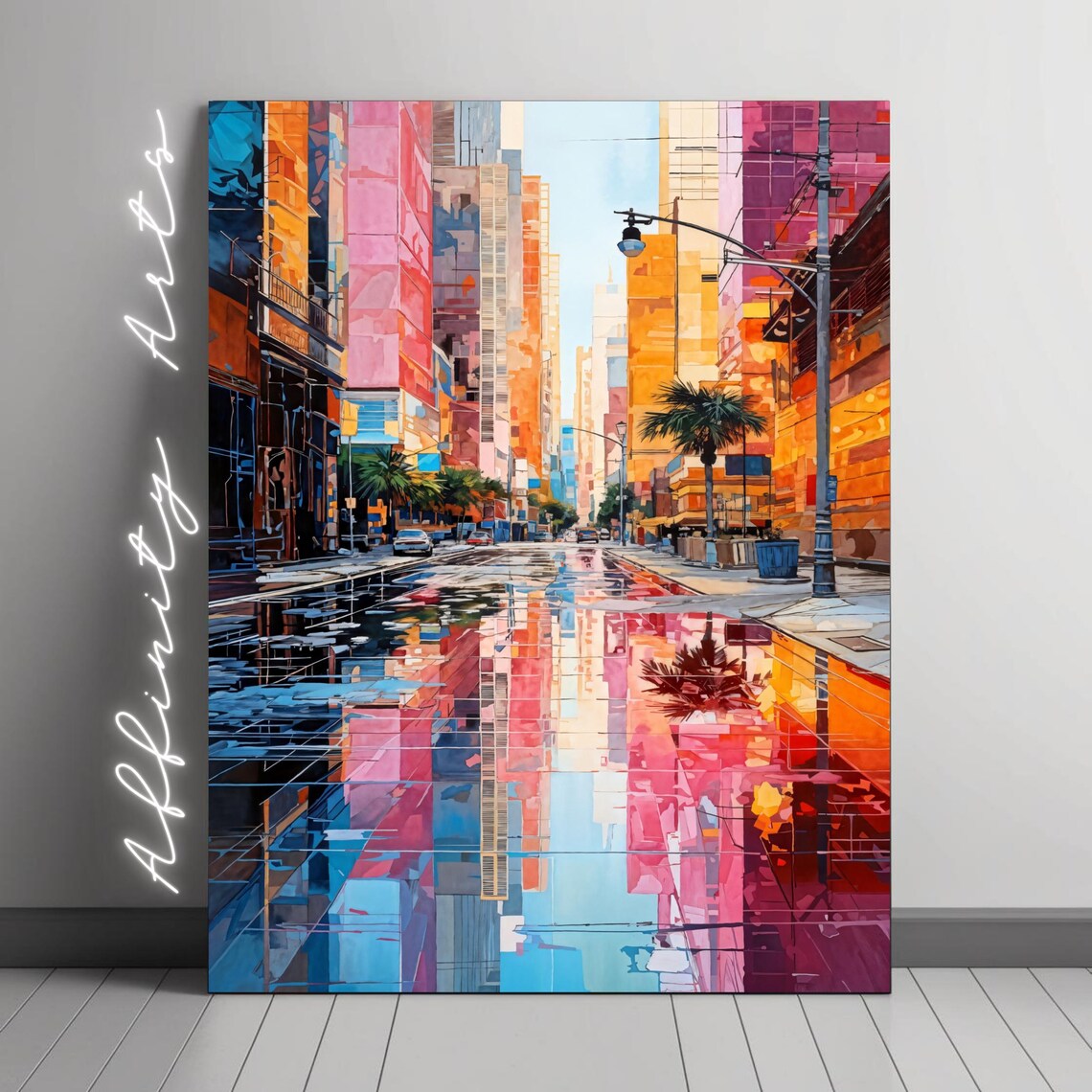 Colorful City Street Reflection, Modern Urban Painting