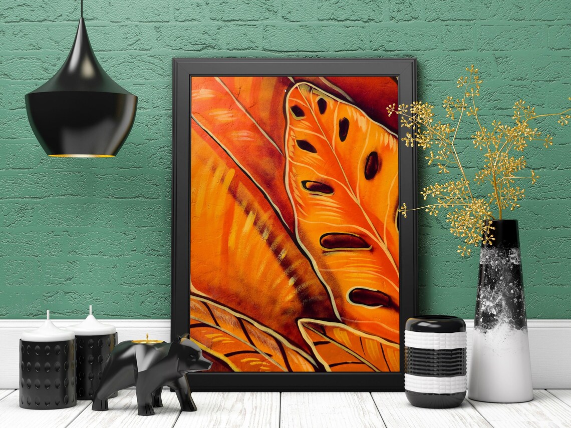 Orange Abstract Tropical Leaf Wall Art Print - Image 6