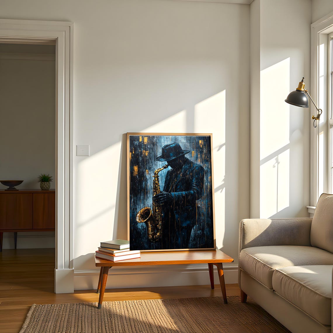 Moody Saxophonist in Blue and Gold Rainy Jazz Musician Poster - Image 2