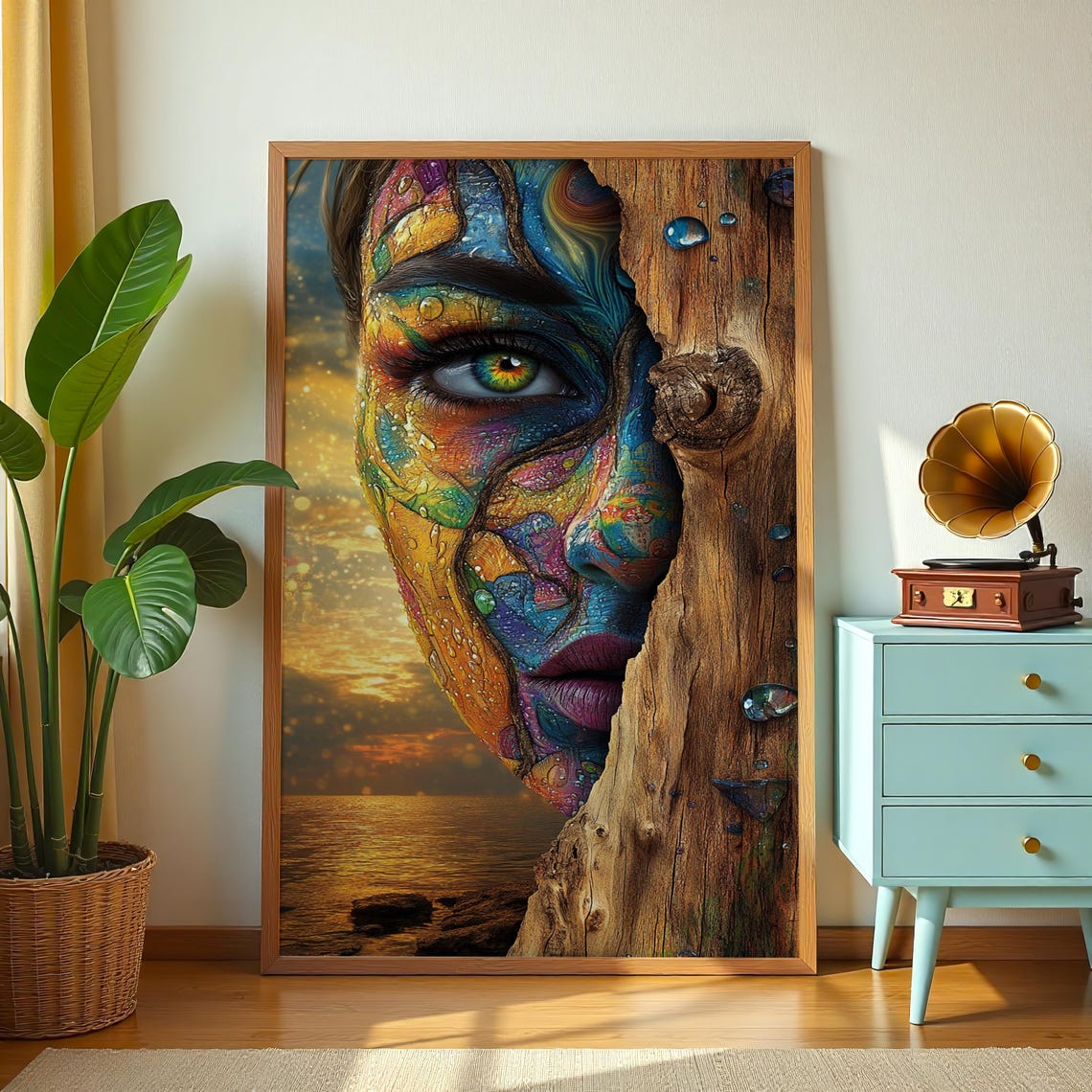 Surreal Woman Face Merging with Tree Bark Sunset Ocean Art Poster - Image 2