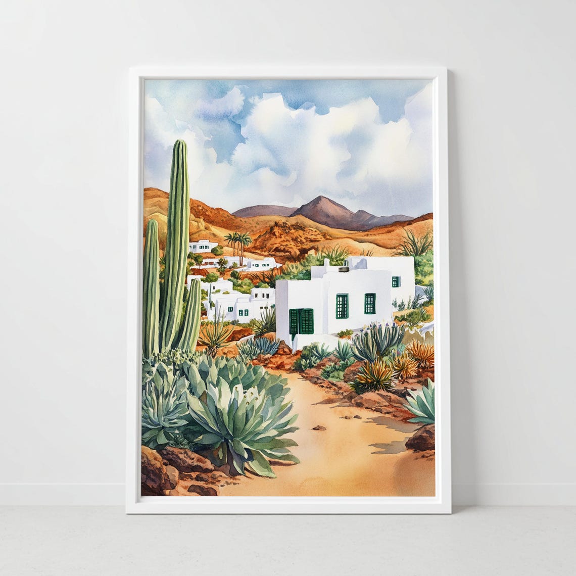 White Desert Village Watercolor Cactus Volcanic Landscape Poster
