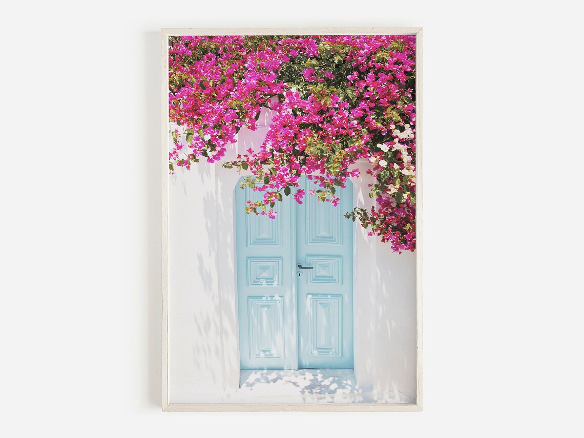Blue Door With Bougainvillea, Greece Architecture