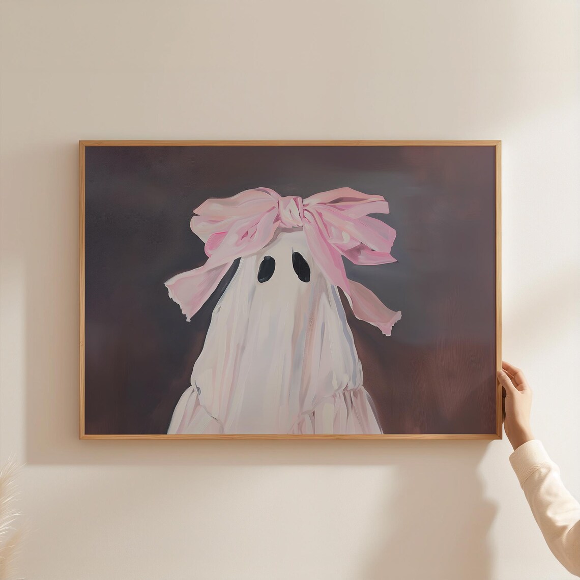 Pink Bow Ghost Painting Cute Spooky Sheet Ghost Pastel Halloween Art Print - Image 3