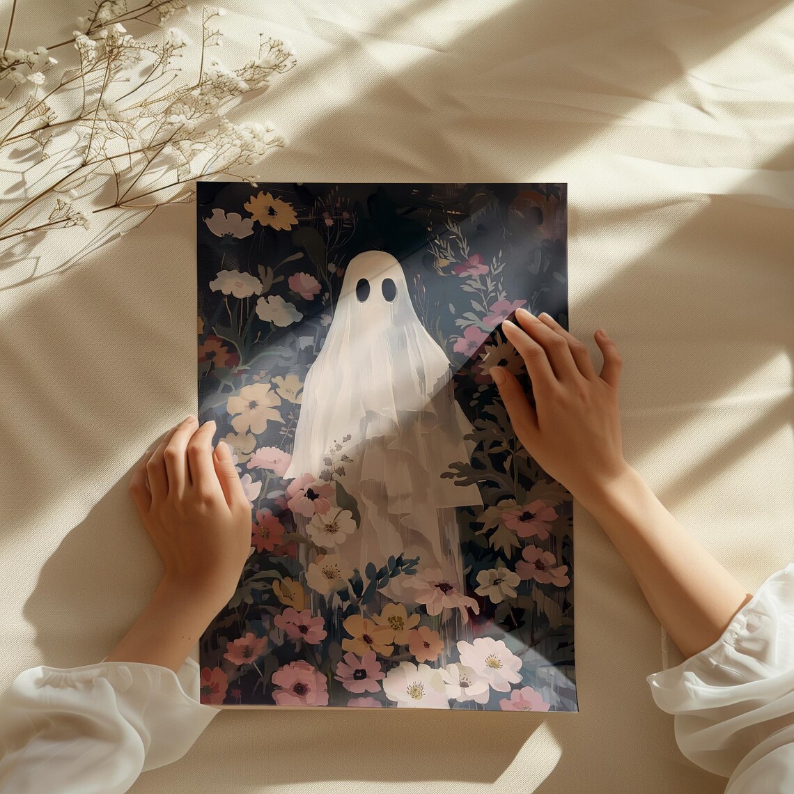Cute Ghost in Dark Flower Garden Painting Floral Halloween Wall Art Print - Image 3