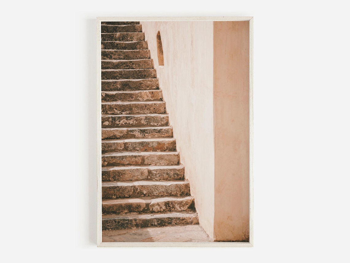 Moroccan Stone Stairway Blush Plaster Wall Arch Detail Travel Poster