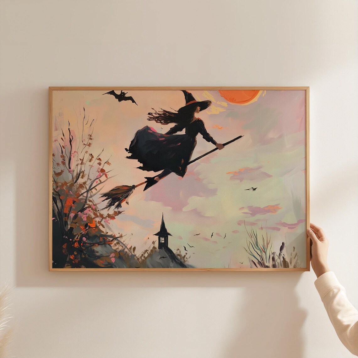 Witch Flying on Broomstick at Sunset Painting Vintage Halloween Night Sky Art Print - Image 3