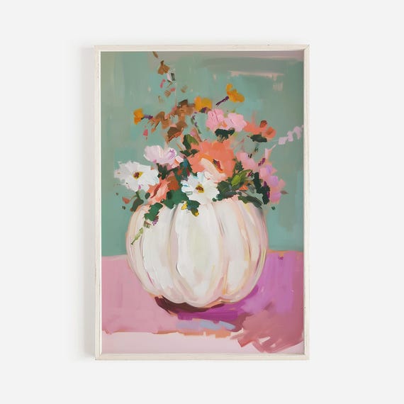 Pink Floral Pumpkin Print, Pastel Halloween Decor